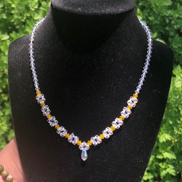 handmade Jewelry - Hand beaded yellow and white Swarovski crystal necklace